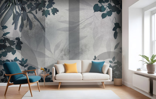 Peacock green botanical geometric mural wallpaper installed as a feature wall in living room, dining room, and bedroom interiors with modern leaf pattern design.