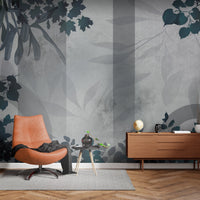 Peacock green botanical geometric mural wallpaper installed as a feature wall in living room, dining room, and bedroom interiors with modern leaf pattern design.