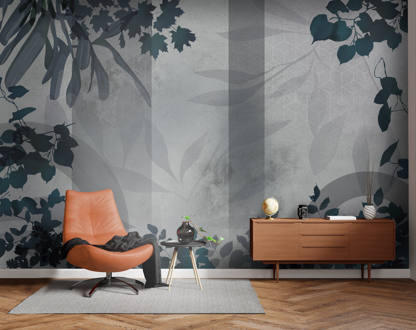Peacock green botanical geometric mural wallpaper installed as a feature wall in living room, dining room, and bedroom interiors with modern leaf pattern design.