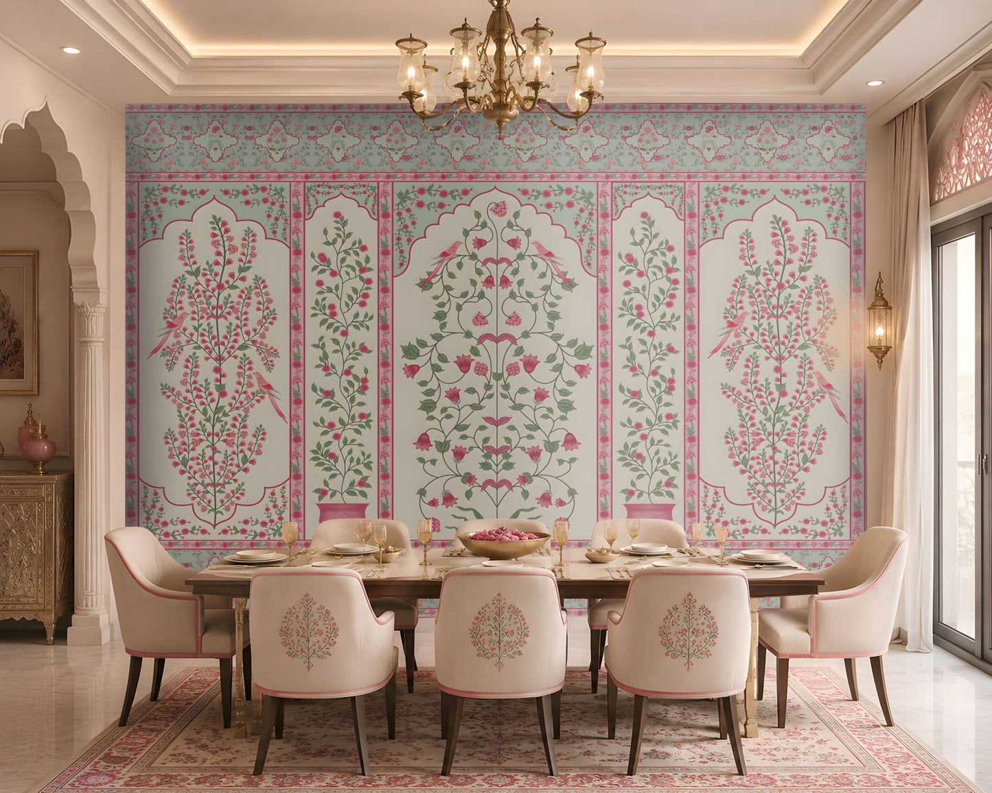 Gulmohar – Blush Blossom floral wallpaper featuring blush pink botanical motifs, birds, and Mughal-inspired panel design installed as a statement wall in an elegant dining room.