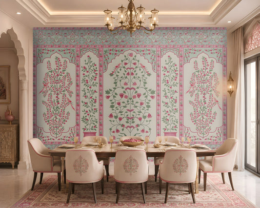 Gulmohar – Blush Blossom floral wallpaper featuring blush pink botanical motifs, birds, and Mughal-inspired panel design installed as a statement wall in an elegant dining room.