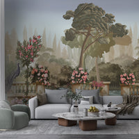 An architectural perspective of a contemporary salon featuring the Harmony Mural as a full-scale feature wall behind a light gray sectional sofa. The mural’s expansive garden vista pairs elegantly with marble coffee tables and plush textiles, creating a peaceful and cultured interior sanctuary.