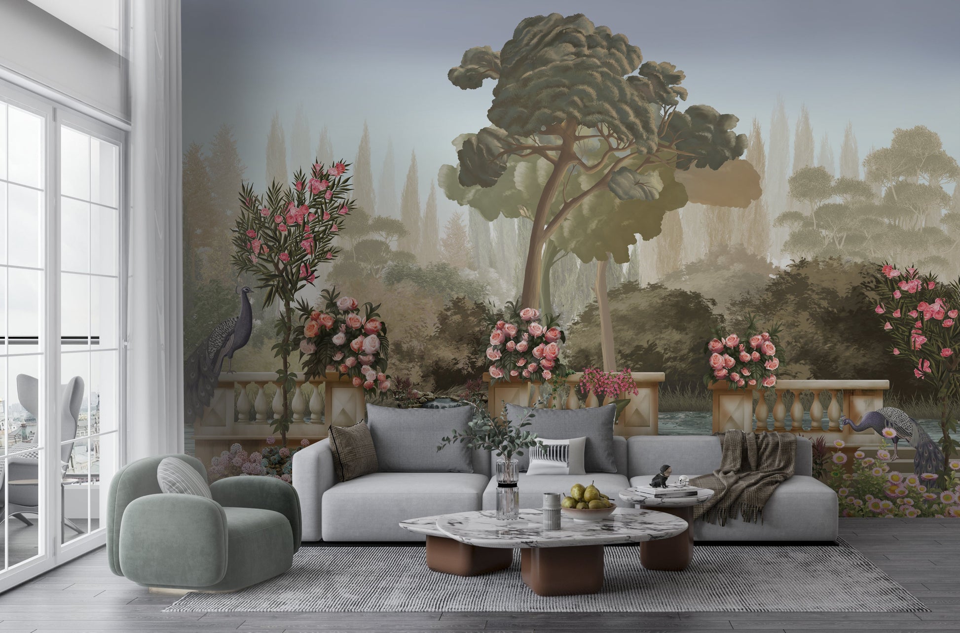 An architectural perspective of a contemporary salon featuring the Harmony Mural as a full-scale feature wall behind a light gray sectional sofa. The mural’s expansive garden vista pairs elegantly with marble coffee tables and plush textiles, creating a peaceful and cultured interior sanctuary.