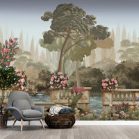 An architectural perspective of a contemporary salon featuring the Harmony Mural as a full-scale feature wall behind a light gray sectional sofa. The mural’s expansive garden vista pairs elegantly with marble coffee tables and plush textiles, creating a peaceful and cultured interior sanctuary.