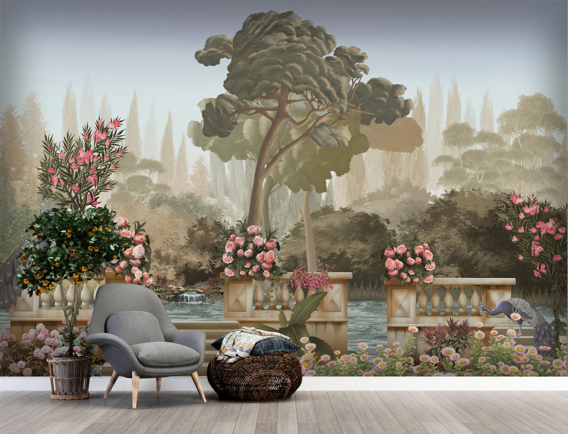 An architectural perspective of a contemporary salon featuring the Harmony Mural as a full-scale feature wall behind a light gray sectional sofa. The mural’s expansive garden vista pairs elegantly with marble coffee tables and plush textiles, creating a peaceful and cultured interior sanctuary.
