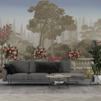 An architectural perspective of a contemporary salon featuring the Harmony Mural as a full-scale feature wall in Oyster Grey. The mural’s expansive garden vista pairs elegantly with neutral upholstery and natural wood accents, creating a peaceful and cultured interior sanctuary.