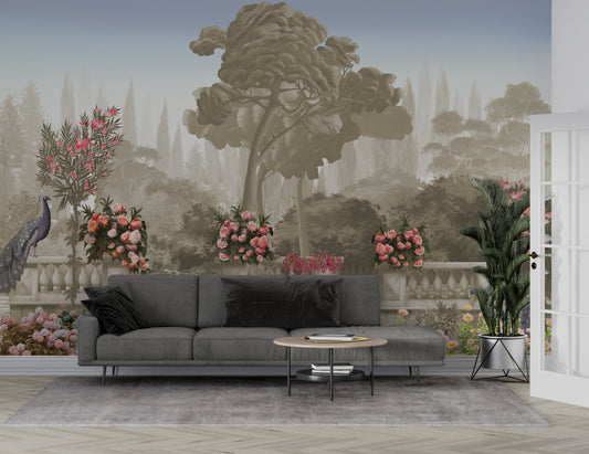 An architectural perspective of a contemporary salon featuring the Harmony Mural as a full-scale feature wall in Oyster Grey. The mural’s expansive garden vista pairs elegantly with neutral upholstery and natural wood accents, creating a peaceful and cultured interior sanctuary.