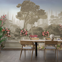 An architectural perspective of a contemporary salon featuring the Harmony Mural as a full-scale feature wall in Oyster Grey. The mural’s expansive garden vista pairs elegantly with neutral upholstery and natural wood accents, creating a peaceful and cultured interior sanctuary.