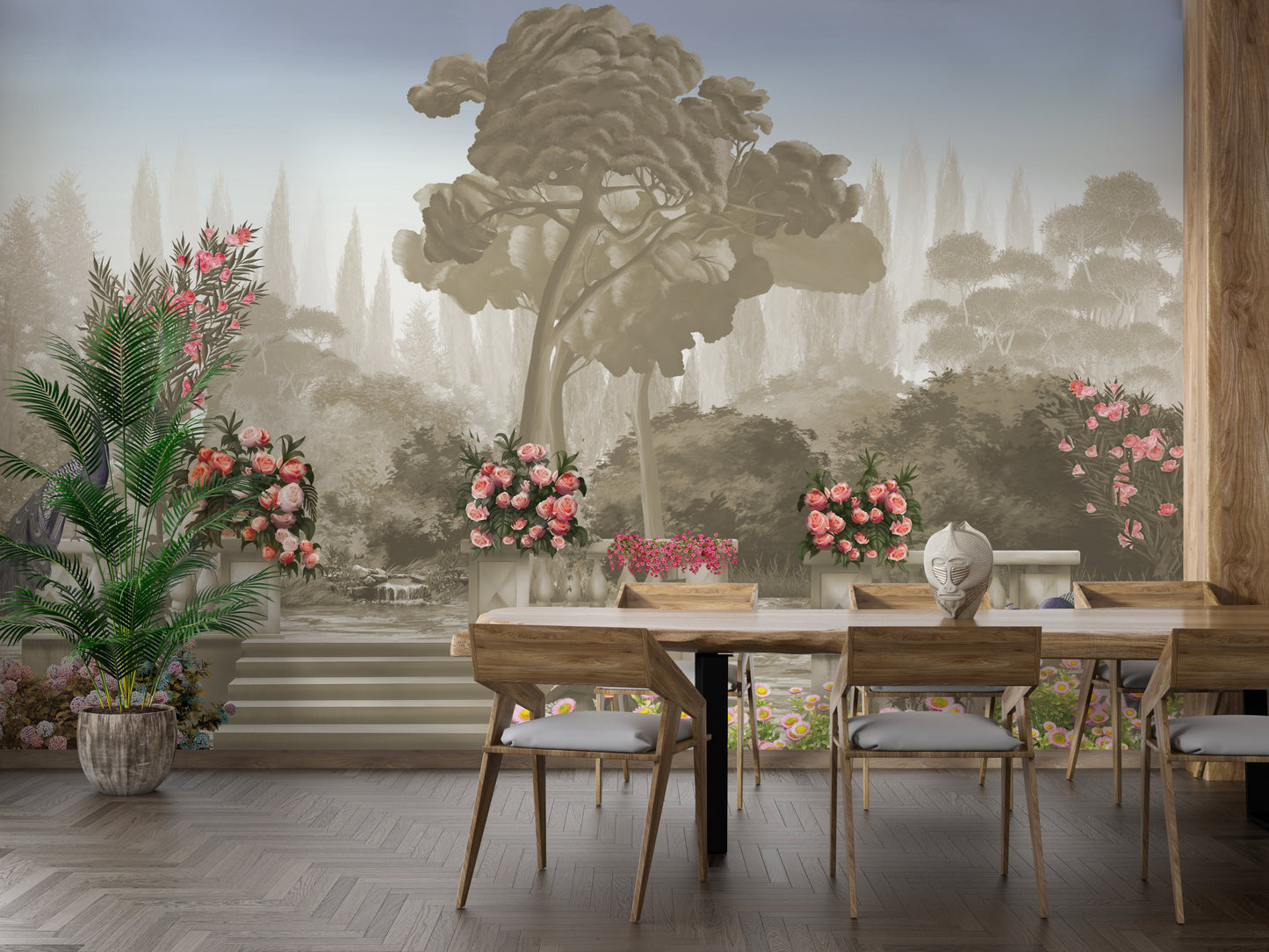 An architectural perspective of a contemporary salon featuring the Harmony Mural as a full-scale feature wall in Oyster Grey. The mural’s expansive garden vista pairs elegantly with neutral upholstery and natural wood accents, creating a peaceful and cultured interior sanctuary.