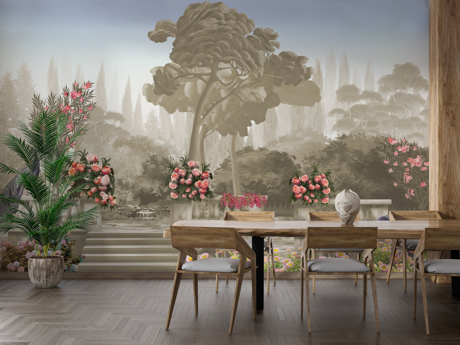 An architectural perspective of a contemporary salon featuring the Harmony Mural as a full-scale feature wall in Oyster Grey. The mural’s expansive garden vista pairs elegantly with neutral upholstery and natural wood accents, creating a peaceful and cultured interior sanctuary.
