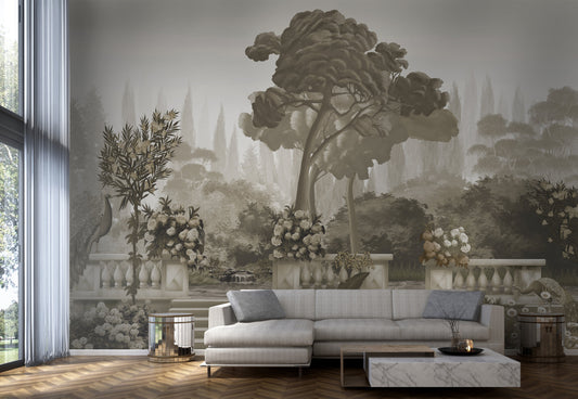 An architectural perspective of a sophisticated study or formal dining room featuring the Harmony Mural in Sepia Mirage as a full-scale feature wall. The mural’s expansive garden vista pairs elegantly with dark wood antiques and warm ambient lighting, creating a peaceful and cultured interior sanctuary.
