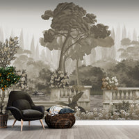 "Transform your space into a vintage Italianate sanctuary with our Harmony Statement Wallpaper in Sepia Mirage. Featuring a romantic garden terrace with peacocks and umbrella pines in a warm, monochromatic palette, this artisan mural adds immense depth and a serene heritage feel."