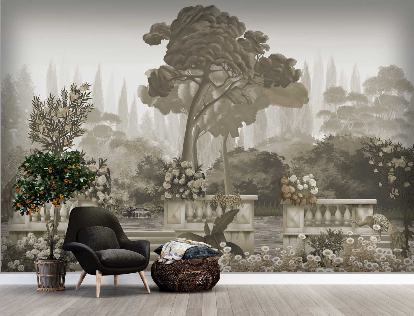 "Transform your space into a vintage Italianate sanctuary with our Harmony Statement Wallpaper in Sepia Mirage. Featuring a romantic garden terrace with peacocks and umbrella pines in a warm, monochromatic palette, this artisan mural adds immense depth and a serene heritage feel."