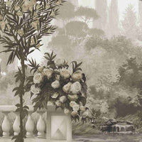 An architectural perspective of a sophisticated study or formal dining room featuring the Harmony Mural in Sepia Mirage as a full-scale feature wall. The mural’s expansive garden vista pairs elegantly with dark wood antiques and warm ambient lighting, creating a peaceful and cultured interior sanctuary.