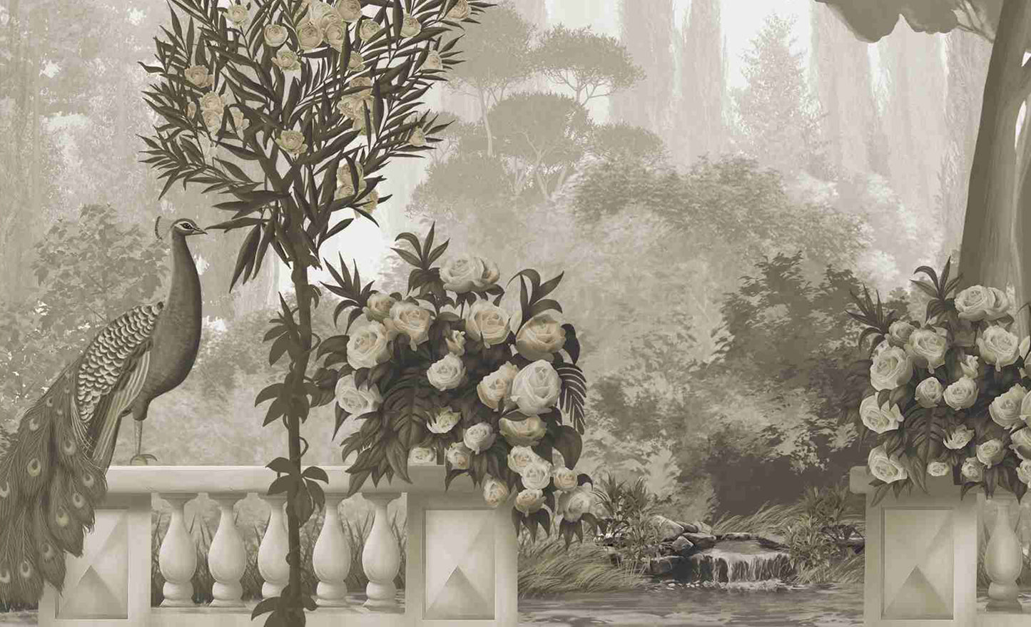 An architectural perspective of a sophisticated study or formal dining room featuring the Harmony Mural in Sepia Mirage as a full-scale feature wall. The mural’s expansive garden vista pairs elegantly with dark wood antiques and warm ambient lighting, creating a peaceful and cultured interior sanctuary.
