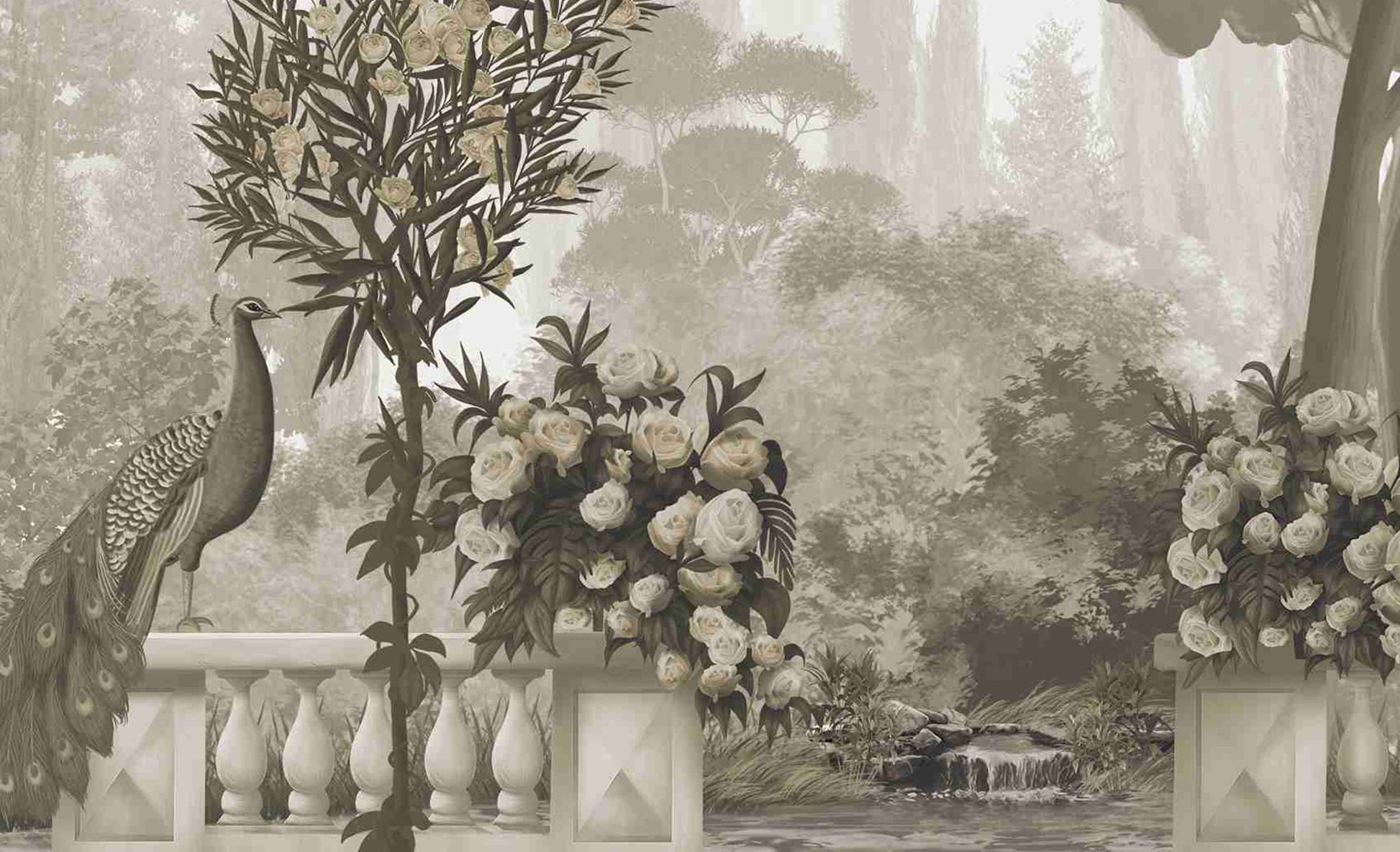 An architectural perspective of a sophisticated study or formal dining room featuring the Harmony Mural in Sepia Mirage as a full-scale feature wall. The mural’s expansive garden vista pairs elegantly with dark wood antiques and warm ambient lighting, creating a peaceful and cultured interior sanctuary.