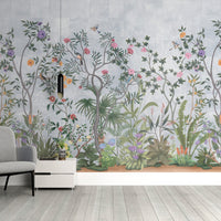 Hazy blue Vaatika II floral mural wallpaper decorative botanical wall design in modern dining room.