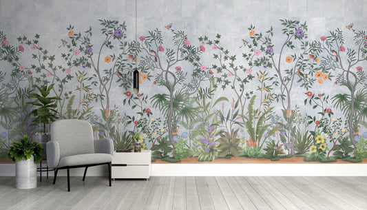 Hazy blue Vaatika II floral mural wallpaper decorative botanical wall design in modern dining room.