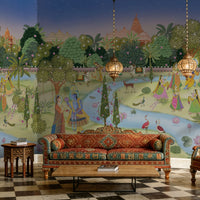 A grand heritage-style lounge featuring the Vrindavan Raas Leela Mural as a panoramic feature wall. The mural’s rich cultural narrative and jewel tones pair with ornate traditional armchairs, a checkered marble floor, and decorative hanging lamps, creating an immersive and luxurious cultural interior.