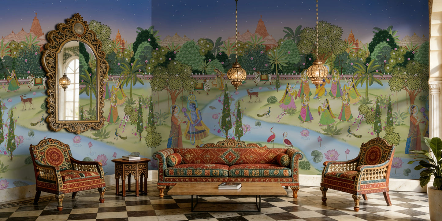 A grand heritage-style lounge featuring the Vrindavan Raas Leela Mural as a panoramic feature wall. The mural’s rich cultural narrative and jewel tones pair with ornate traditional armchairs, a checkered marble floor, and decorative hanging lamps, creating an immersive and luxurious cultural interior.
