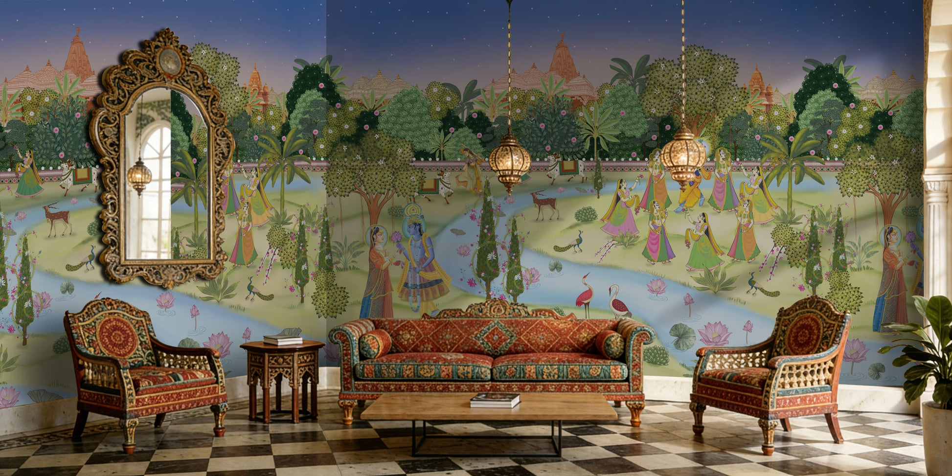 A grand heritage-style lounge featuring the Vrindavan Raas Leela Mural as a panoramic feature wall. The mural’s rich cultural narrative and jewel tones pair with ornate traditional armchairs, a checkered marble floor, and decorative hanging lamps, creating an immersive and luxurious cultural interior.