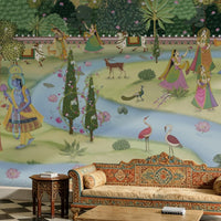 A panoramic architectural view of a luxury Indian palace interior featuring a full-scale Pichwai Mural Wallpaper. The mural depicts Lord Krishna in a sacred garden setting, paired with an ornate carved archway, checkered marble flooring, and traditional Rajasthani furniture.