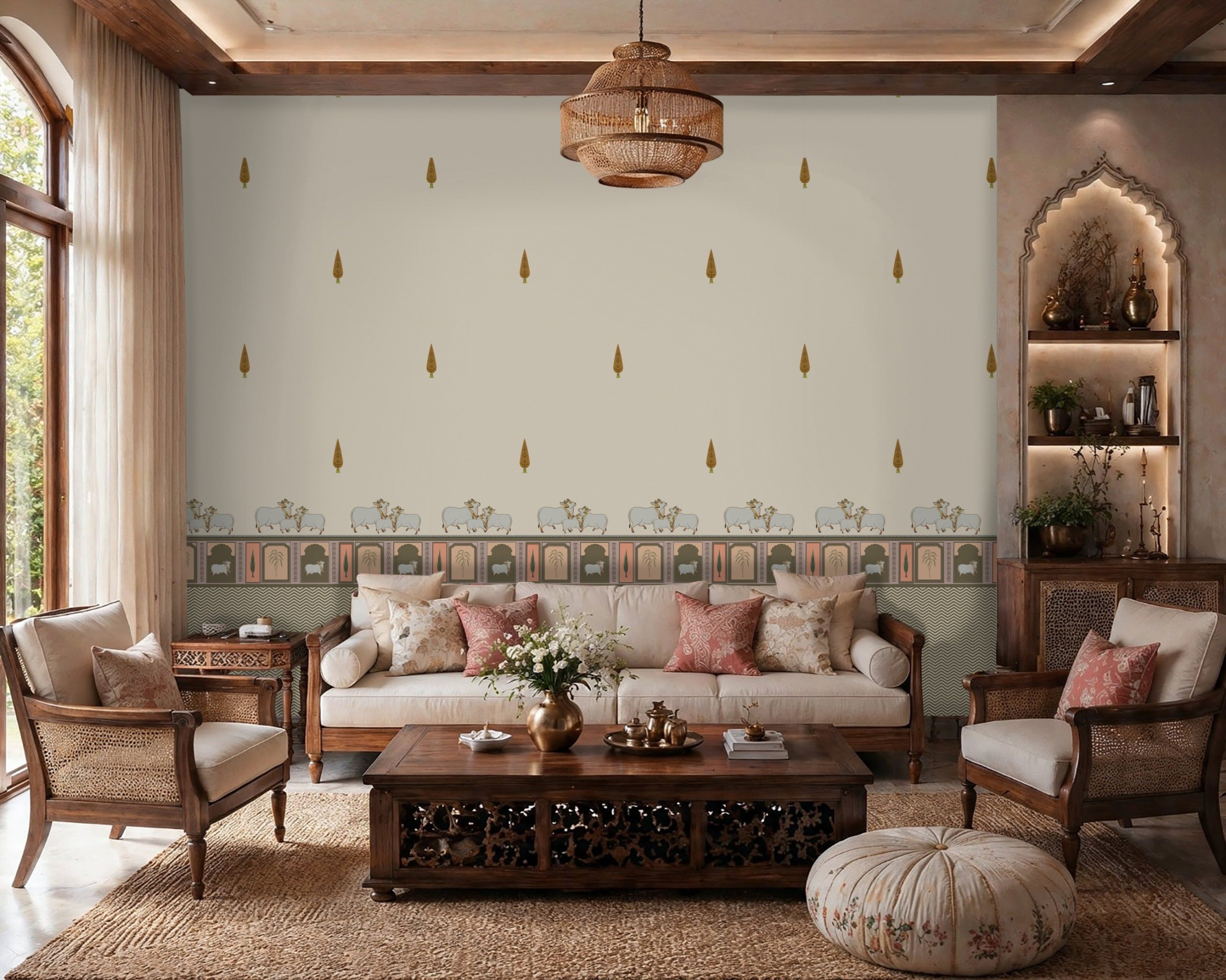 Off White patterned wall in a modern living room, featuring small tree motifs and a decorative border with animals and geometric designs. A gray sofa with cushions sits on the left, a wooden lounge chair on the right, and a small coffee table rests on a textured rug over wood flooring, with a staircase visible in the background.