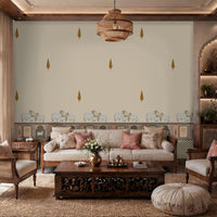 1335_DA Heritage Pichwai Seamless Wallpaper with Cow & Palm Border Design -Off White