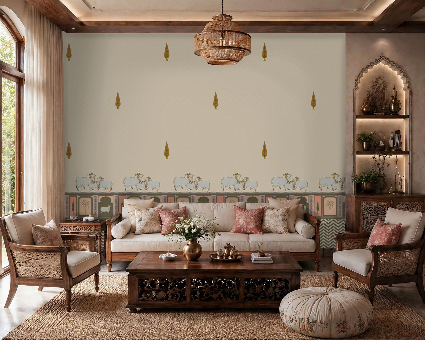1335_DA Heritage Pichwai Seamless Wallpaper with Cow & Palm Border Design -Off White