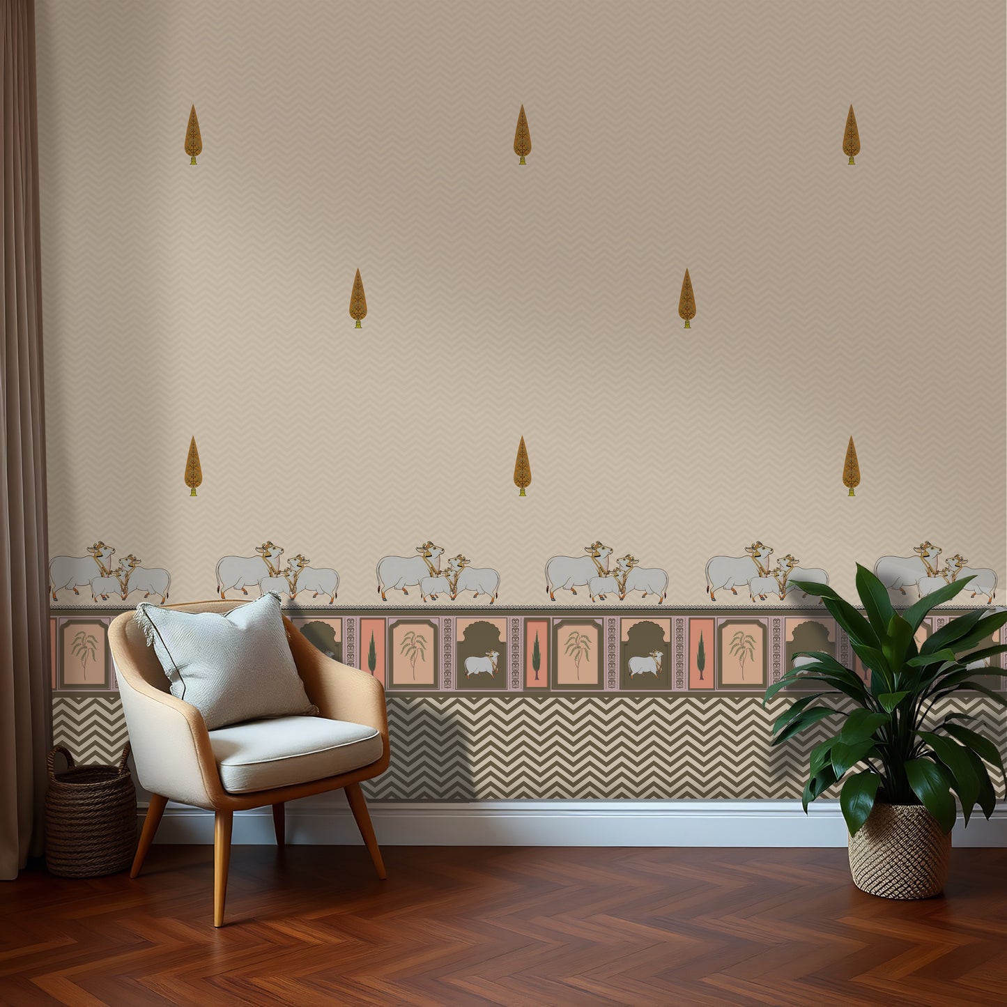 Pichwai wallpaper in off-white and beige featuring cow motifs, traditional border detailing, and subtle chevron pattern for elegant Indian interiors.
