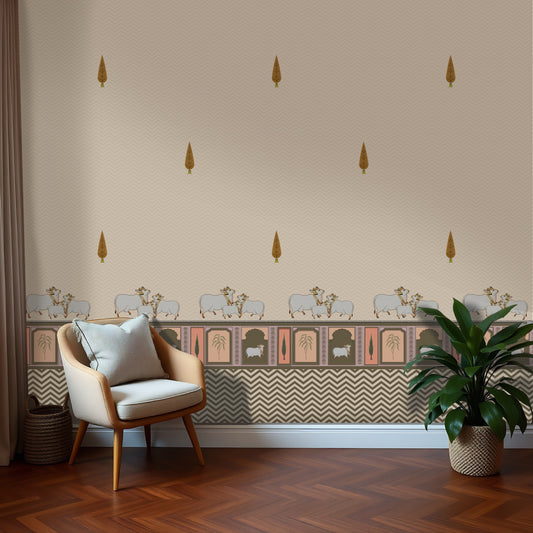Pichwai wallpaper in off-white and beige featuring cow motifs, traditional border detailing, and subtle chevron pattern for elegant Indian interiors.