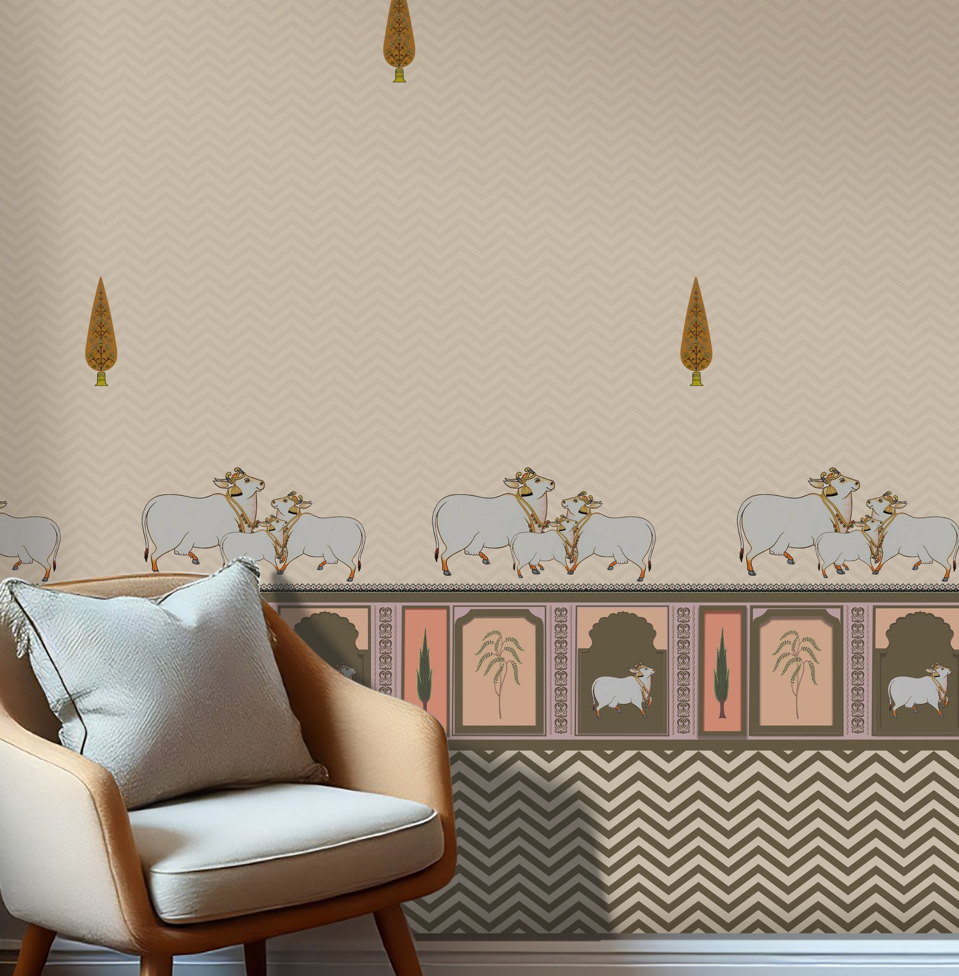Pichwai wallpaper in off-white and beige featuring cow motifs, traditional border detailing, and subtle chevron pattern for elegant Indian interiors.