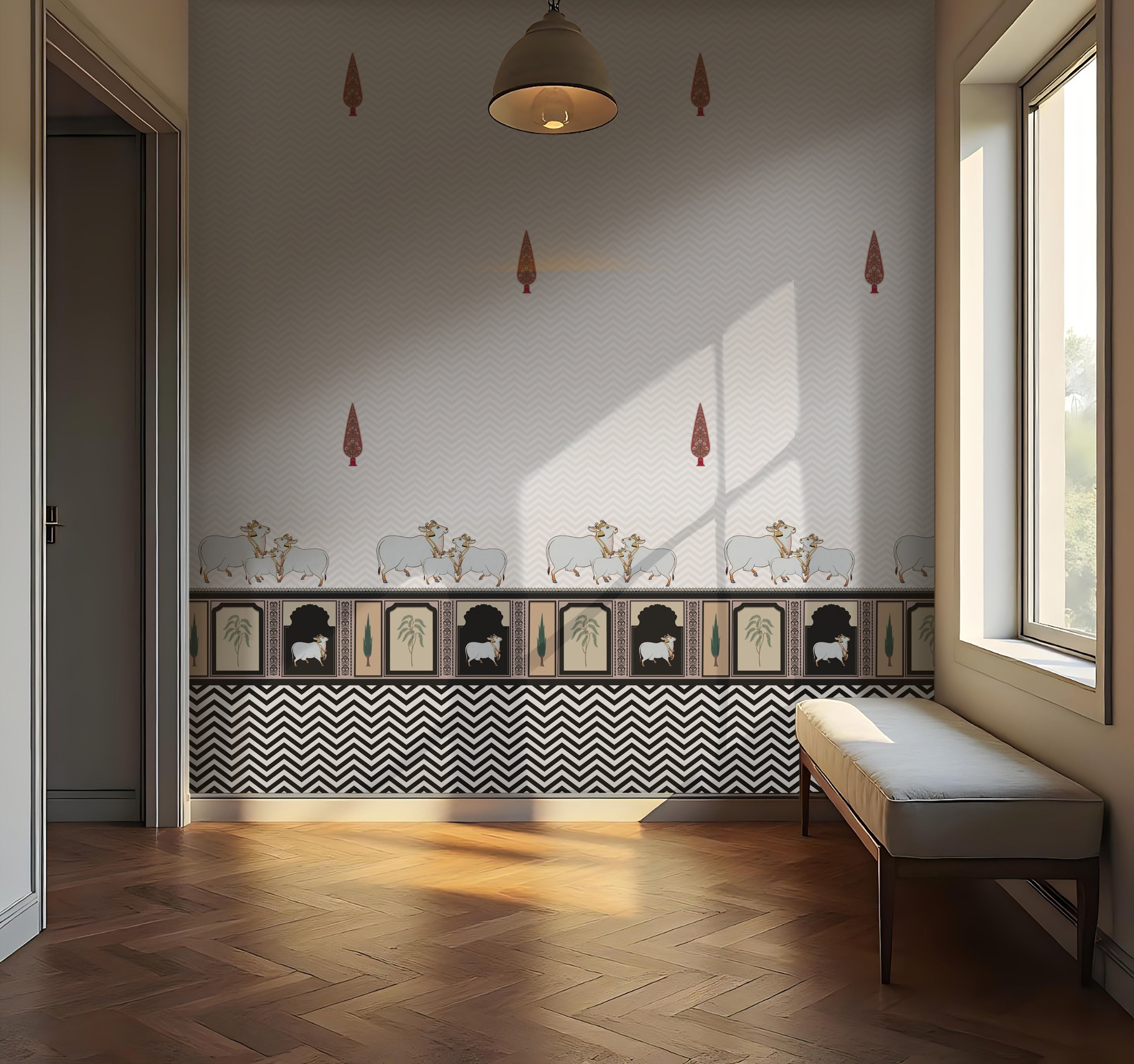 Black-and-white interior room with patterned wallpaper featuring small animal illustrations and geometric borders. A cushioned bench sits along the right wall beneath a window, while a hanging ceiling light is centered above. Sunlight streams through the window, casting distinct shadows on the wall and wooden floor, and an open doorway is visible on the left.