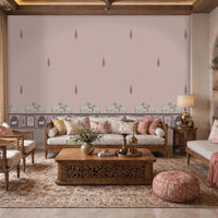 An architectural perspective of a high-ceilinged, sunlit room featuring the Heritage Pichwai Wallpaper as a sophisticated feature wall. The mural’s soft pink and pastel tones pair elegantly with traditional carved wooden furniture, neutral upholstery, and natural woven accents, creating a space that blends classical Indian heritage with a modern, airy aesthetic.