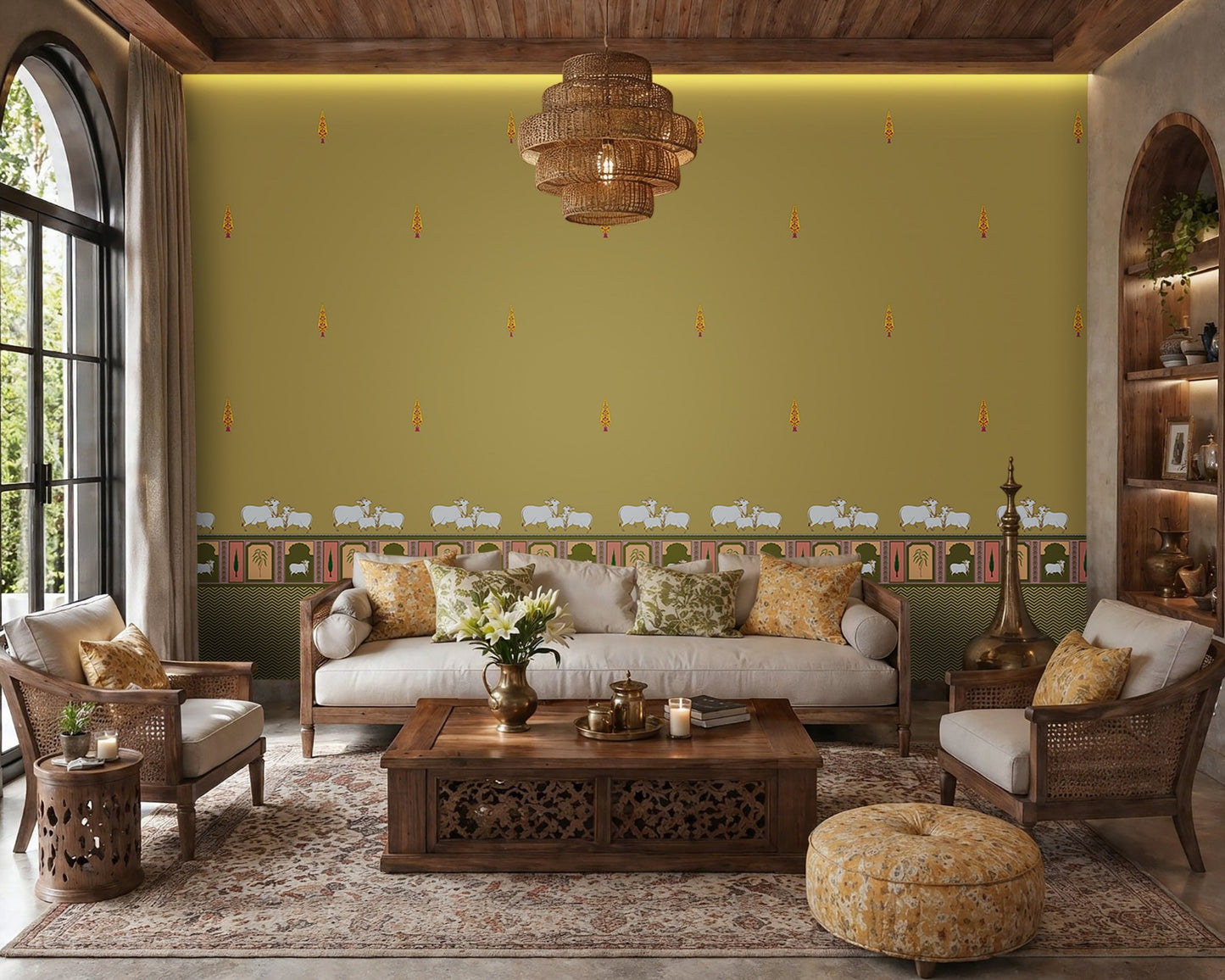 Ocher patterned wall in a modern living room, featuring small tree motifs and a decorative border with animals and geometric designs. A gray sofa with cushions sits on the left, a wooden lounge chair on the right, and a small coffee table rests on a textured rug over wood flooring, with a staircase visible in the background.