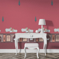 A high-resolution detail of the Heritage Pichwai Seamless Wallpaper, showcasing the intricate repeat pattern of stylized cypress trees and the ornate lower border. The design highlights traditional Pichwai motifs, including sacred cows and palms in decorative arches, rendered in vibrant fuchsia and berry tones against a magenta pink chevron-textured background.