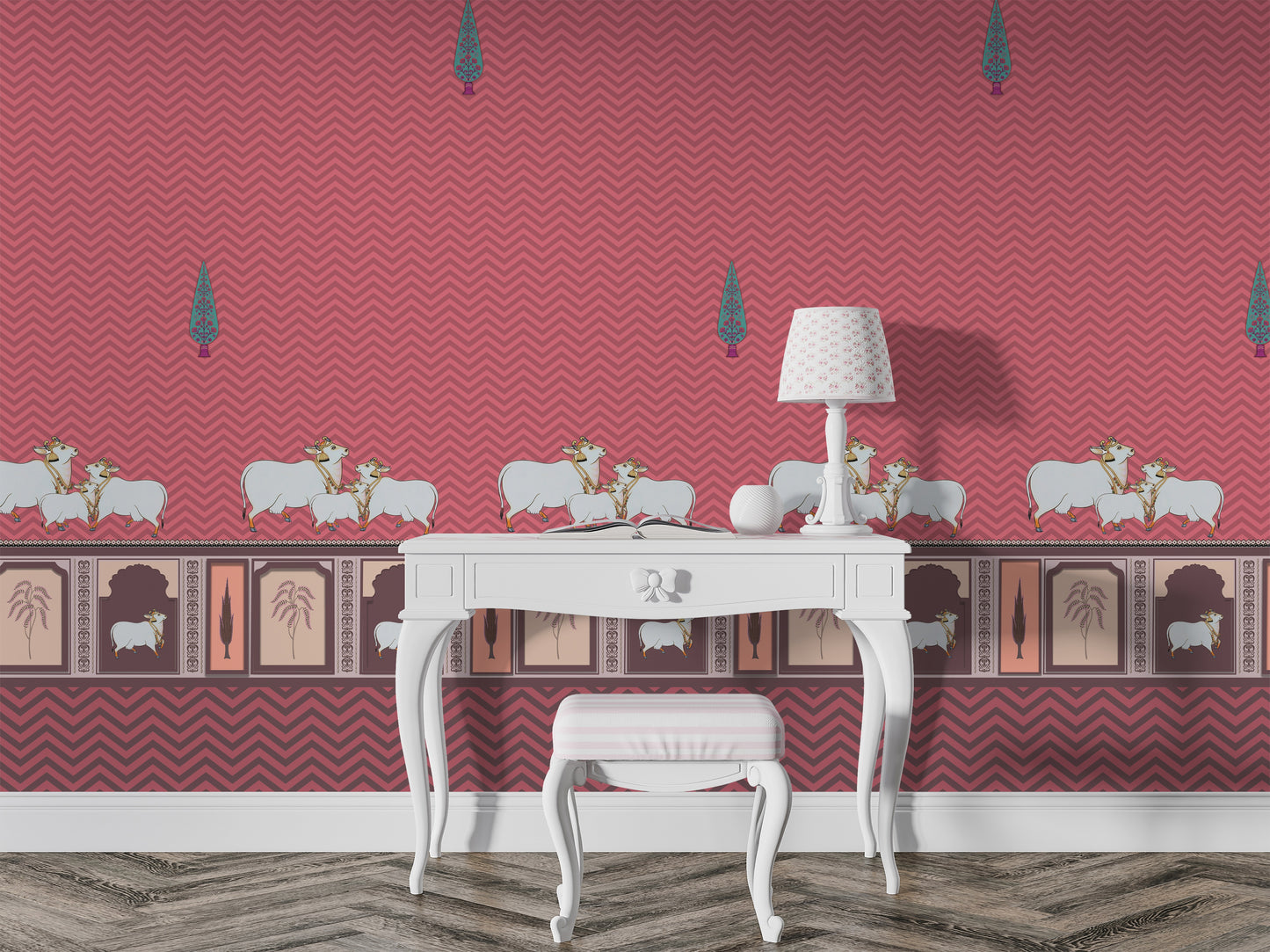 A high-resolution detail of the Heritage Pichwai Seamless Wallpaper, showcasing the intricate repeat pattern of stylized cypress trees and the ornate lower border. The design highlights traditional Pichwai motifs, including sacred cows and palms in decorative arches, rendered in vibrant fuchsia and berry tones against a magenta pink chevron-textured background.