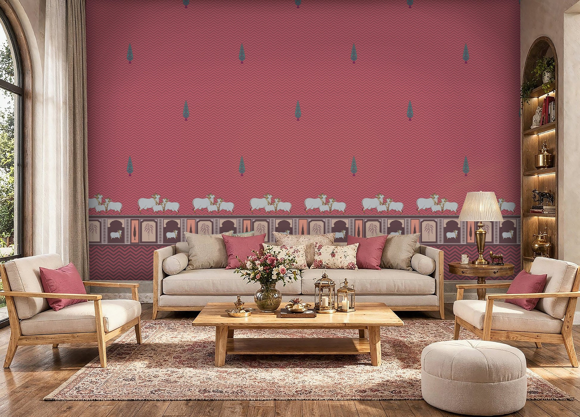 An architectural perspective of a high-ceilinged room featuring the Heritage Pichwai Wallpaper as a saturated feature wall. The mural’s bold magenta and jewel tones pair strikingly with traditional carved wooden furniture, neutral upholstery, and brass accents, creating a space that blends classical Indian heritage with a high-energy, modern aesthetic.