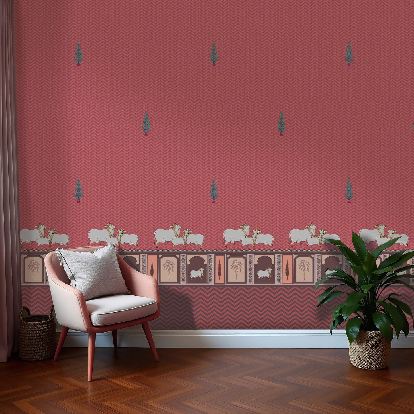 An architectural perspective of a high-ceilinged room featuring the Heritage Pichwai Wallpaper as a saturated feature wall. The mural’s bold magenta and jewel tones pair strikingly with traditional carved wooden furniture, neutral upholstery, and brass accents, creating a space that blends classical Indian heritage with a high-energy, modern aesthetic.