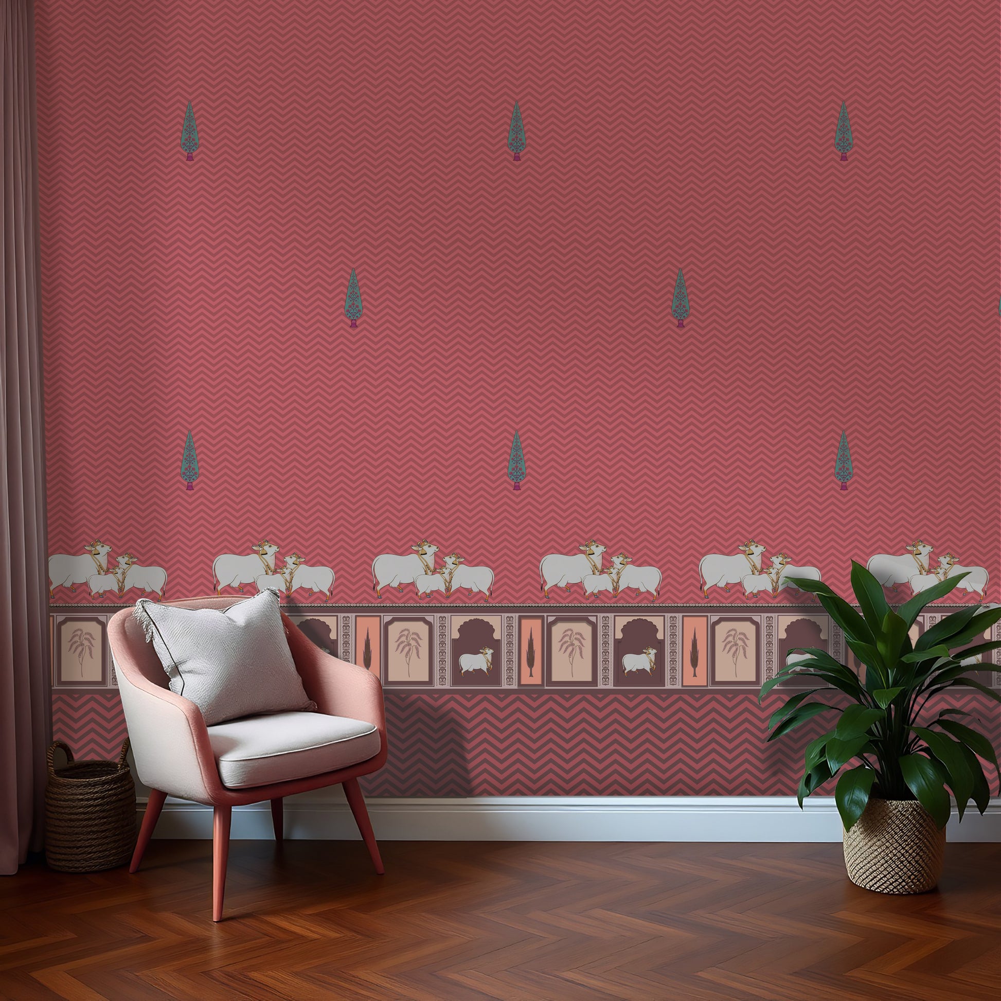 An architectural perspective of a high-ceilinged room featuring the Heritage Pichwai Wallpaper as a saturated feature wall. The mural’s bold magenta and jewel tones pair strikingly with traditional carved wooden furniture, neutral upholstery, and brass accents, creating a space that blends classical Indian heritage with a high-energy, modern aesthetic.