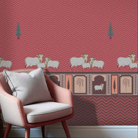 An architectural perspective of a high-ceilinged room featuring the Heritage Pichwai Wallpaper as a saturated feature wall. The mural’s bold magenta and jewel tones pair strikingly with traditional carved wooden furniture, neutral upholstery, and brass accents, creating a space that blends classical Indian heritage with a high-energy, modern aesthetic.