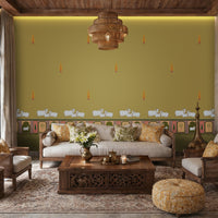 An architectural perspective of a high-ceilinged room featuring the Heritage Pichwai Wallpaper as a warm, inviting feature wall. The mural’s golden and earthy tones pair strikingly with traditional carved wooden furniture, neutral linen upholstery, and brass accents, creating a space that blends classical Indian heritage with a cozy, modern-rustic aesthetic.