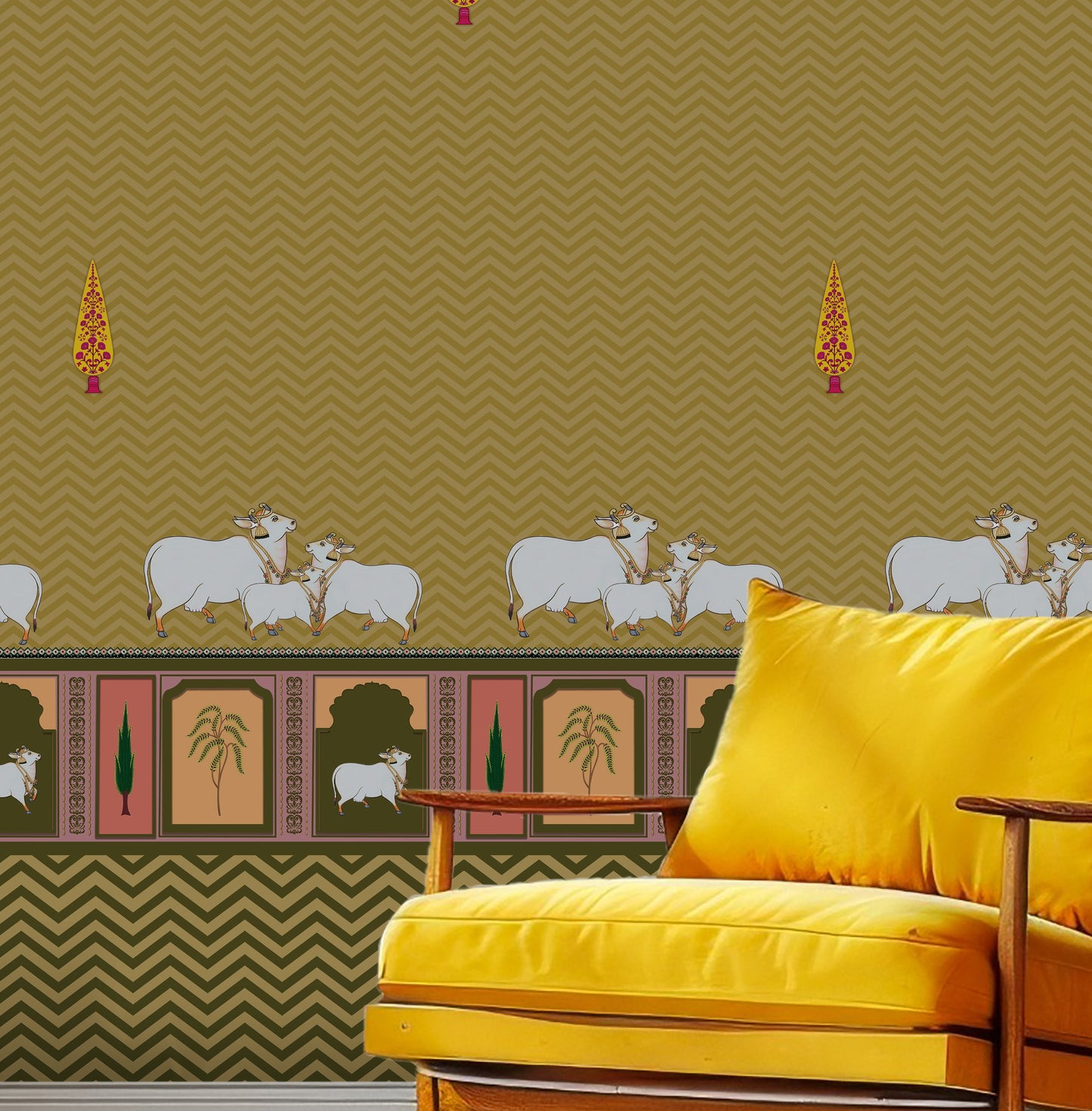An architectural perspective of a high-ceilinged room featuring the Heritage Pichwai Wallpaper as a warm, inviting feature wall. The mural’s golden and earthy tones pair strikingly with traditional carved wooden furniture, neutral linen upholstery, and brass accents, creating a space that blends classical Indian heritage with a cozy, modern-rustic aesthetic.