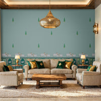 An architectural perspective of a high-ceilinged room featuring the Heritage Pichwai Wallpaper as a moody, sophisticated feature wall. The mural’s deep teal and jewel tones pair strikingly with traditional carved wooden furniture, velvet upholstery, and brass accents, creating a space that blends classical Indian heritage with a modern, luxe aesthetic.