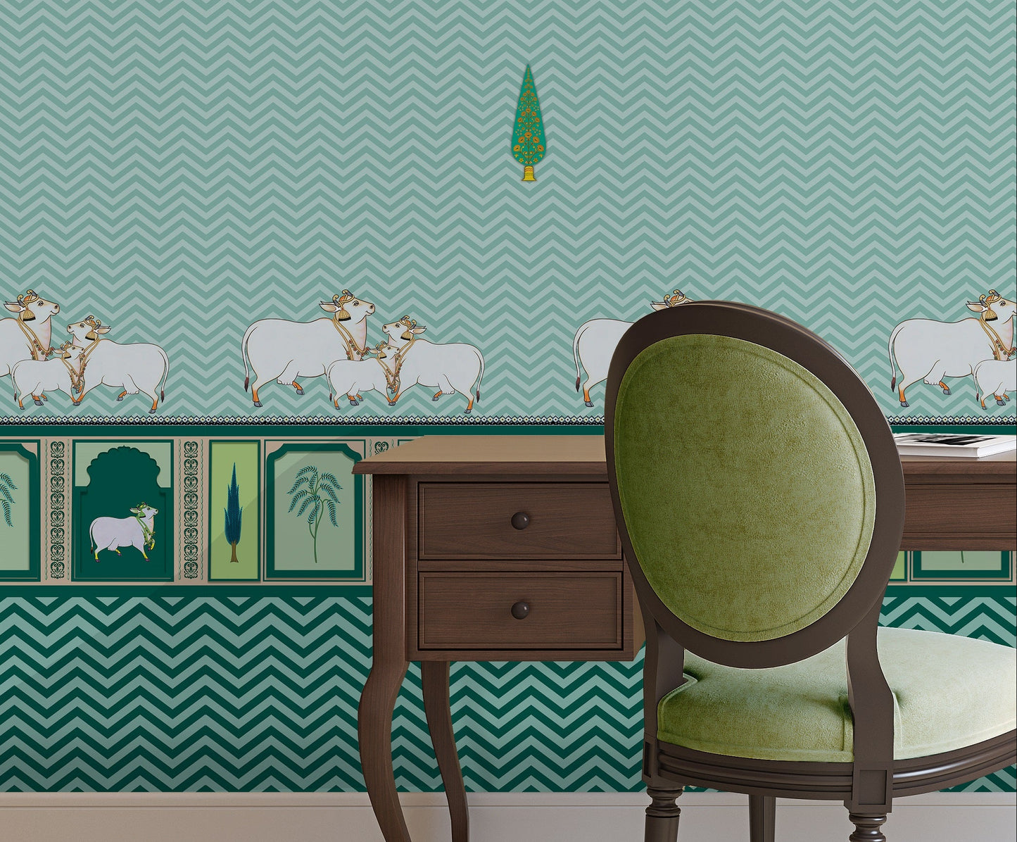 An architectural perspective of a high-ceilinged room featuring the Heritage Pichwai Wallpaper as a moody, sophisticated feature wall. The mural’s deep teal and jewel tones pair strikingly with traditional carved wooden furniture, velvet upholstery, and brass accents, creating a space that blends classical Indian heritage with a modern, luxe aesthetic.