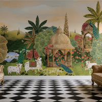 This Royal Pichwai Garden mural wallpaper features a serene beige sky shade as the backdrop for a grand landscape wallpaper. The intricate Indian folk-art design depicts a lush courtyard with white holy cows, vibrant peacocks, and traditional stone pavilions. Rich in botanical motifs, palm trees, and blooming flora, this cultural accent wall brings a luxurious, heritage feel to interiors. Perfect for home decor, it pairs beautifully with checkered floors and ornate furniture.