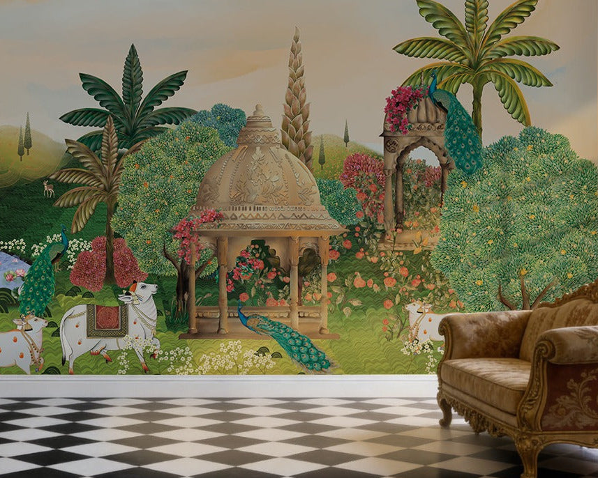 1324_DA Heritage Re imagined: The Royal Pichwai Garden Mural Wallpaper, Beige
