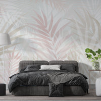 An architectural perspective of a contemporary sunlit lounge featuring the Hush Leaves Mural in Pale Beige as a full-scale feature wall. The mural’s soft neutral tones pair elegantly with linen upholstery, natural wood furniture, and warm terracotta accents, creating a serene and sophisticated interior sanctuary.
