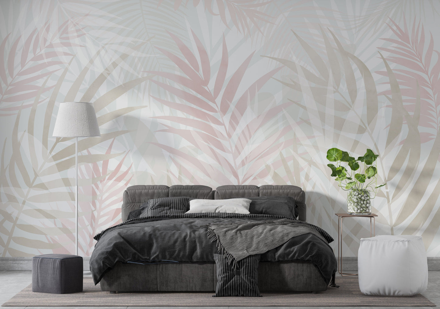 An architectural perspective of a contemporary sunlit lounge featuring the Hush Leaves Mural in Pale Beige as a full-scale feature wall. The mural’s soft neutral tones pair elegantly with linen upholstery, natural wood furniture, and warm terracotta accents, creating a serene and sophisticated interior sanctuary.