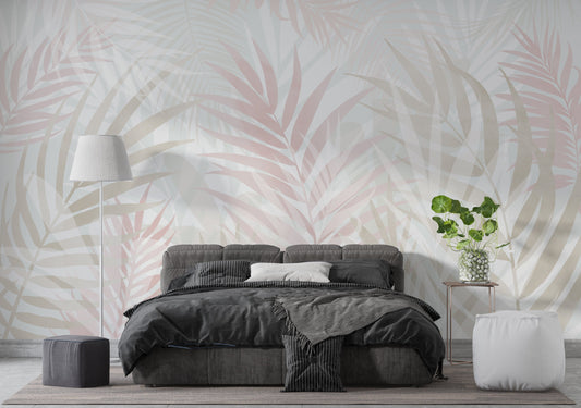 An architectural perspective of a contemporary sunlit lounge featuring the Hush Leaves Mural in Pale Beige as a full-scale feature wall. The mural’s soft neutral tones pair elegantly with linen upholstery, natural wood furniture, and warm terracotta accents, creating a serene and sophisticated interior sanctuary.